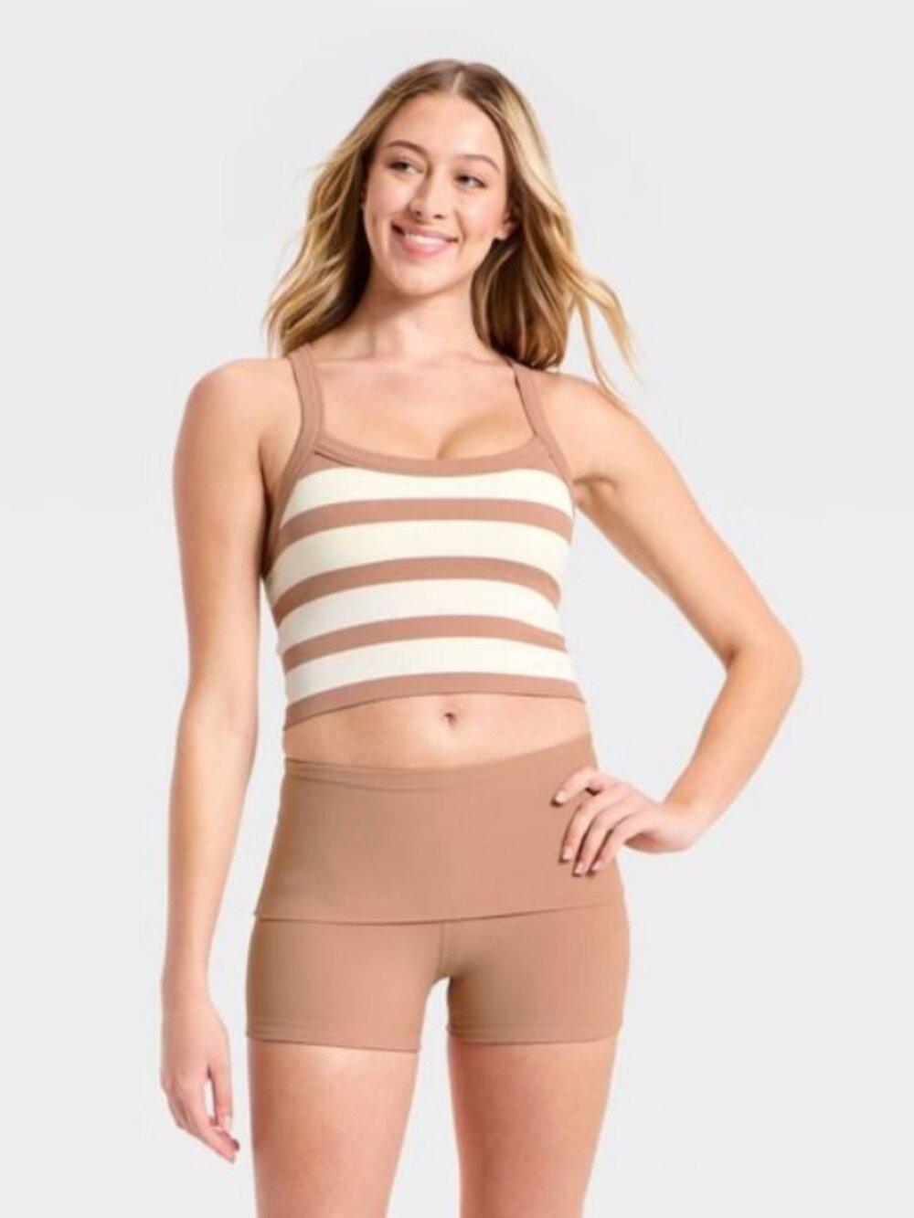 JoyLab Women's Seamless Cropped Support Tank Top Brown/Cream Stripe S